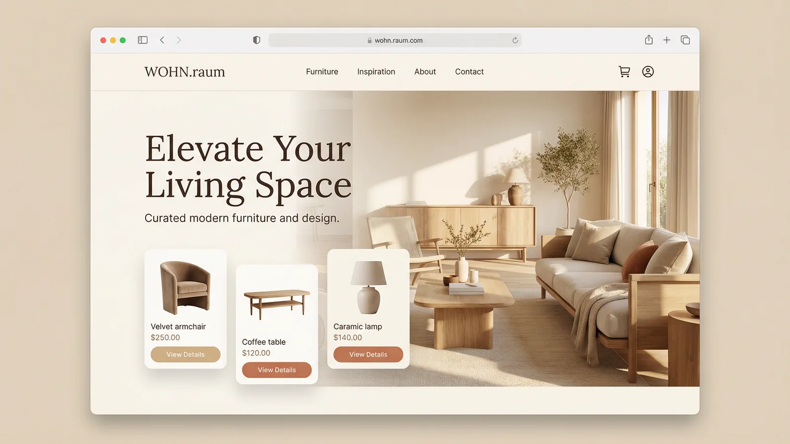 WOHN.raum – Interior Design Hero Section with Furniture Showcase