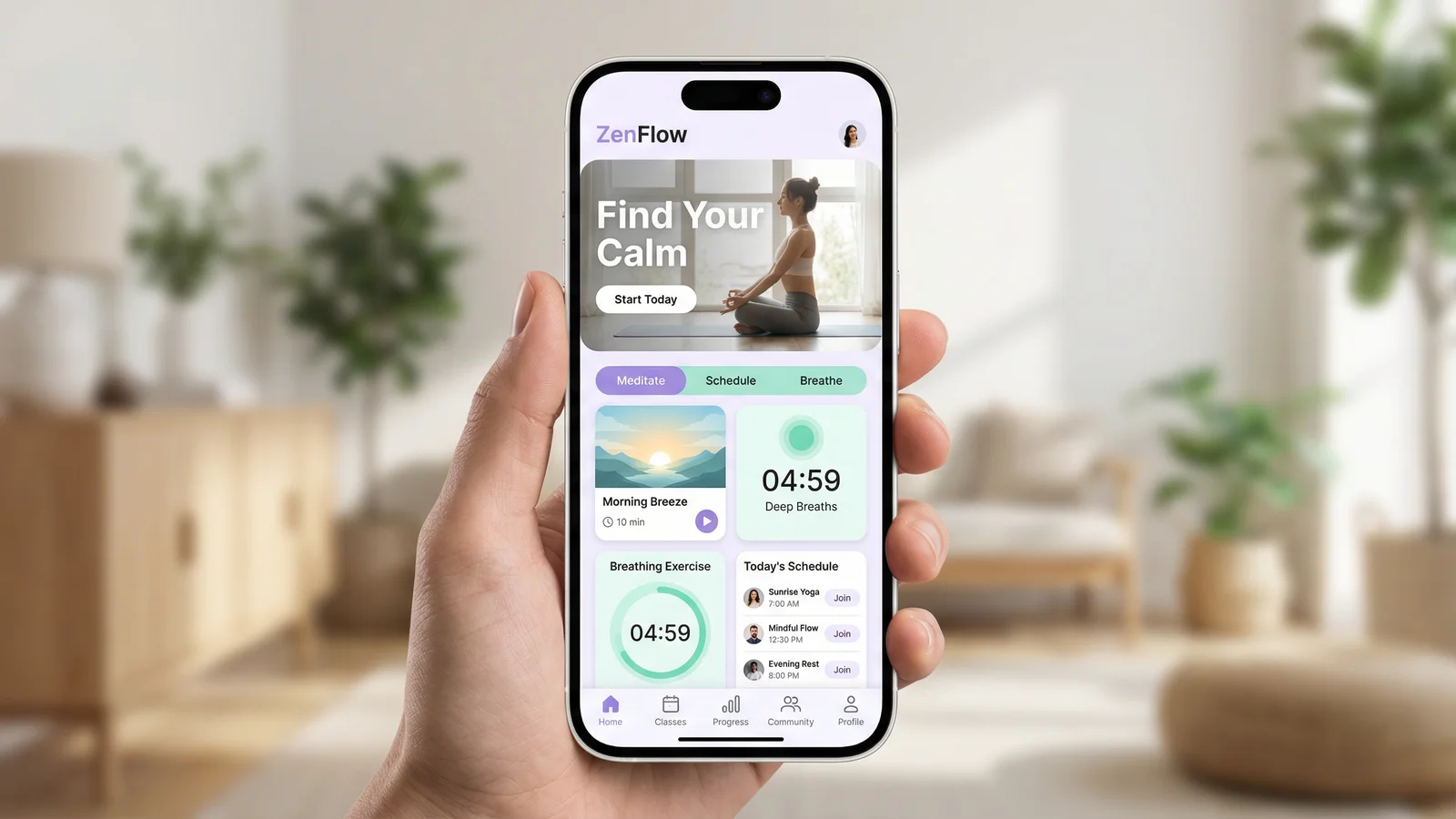 ZenFlow – Yoga and Wellness App with Meditation Screen