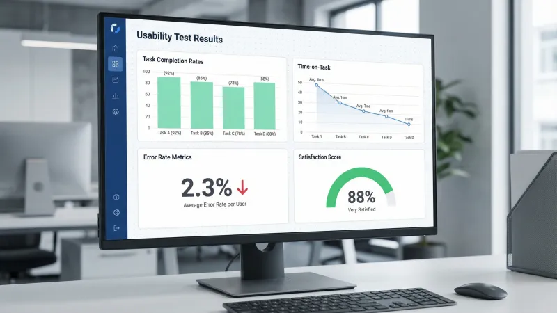 Usability test dashboard with task completion rates and satisfaction scores