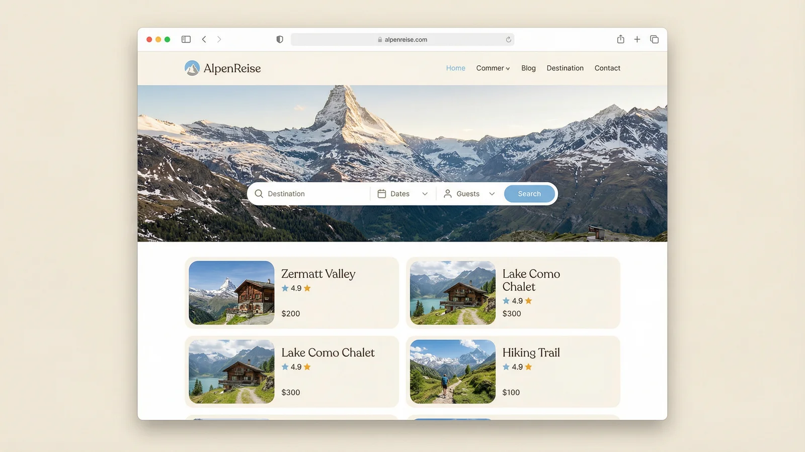AlpenReise – Tourism Platform with Booking Search and Destination Cards