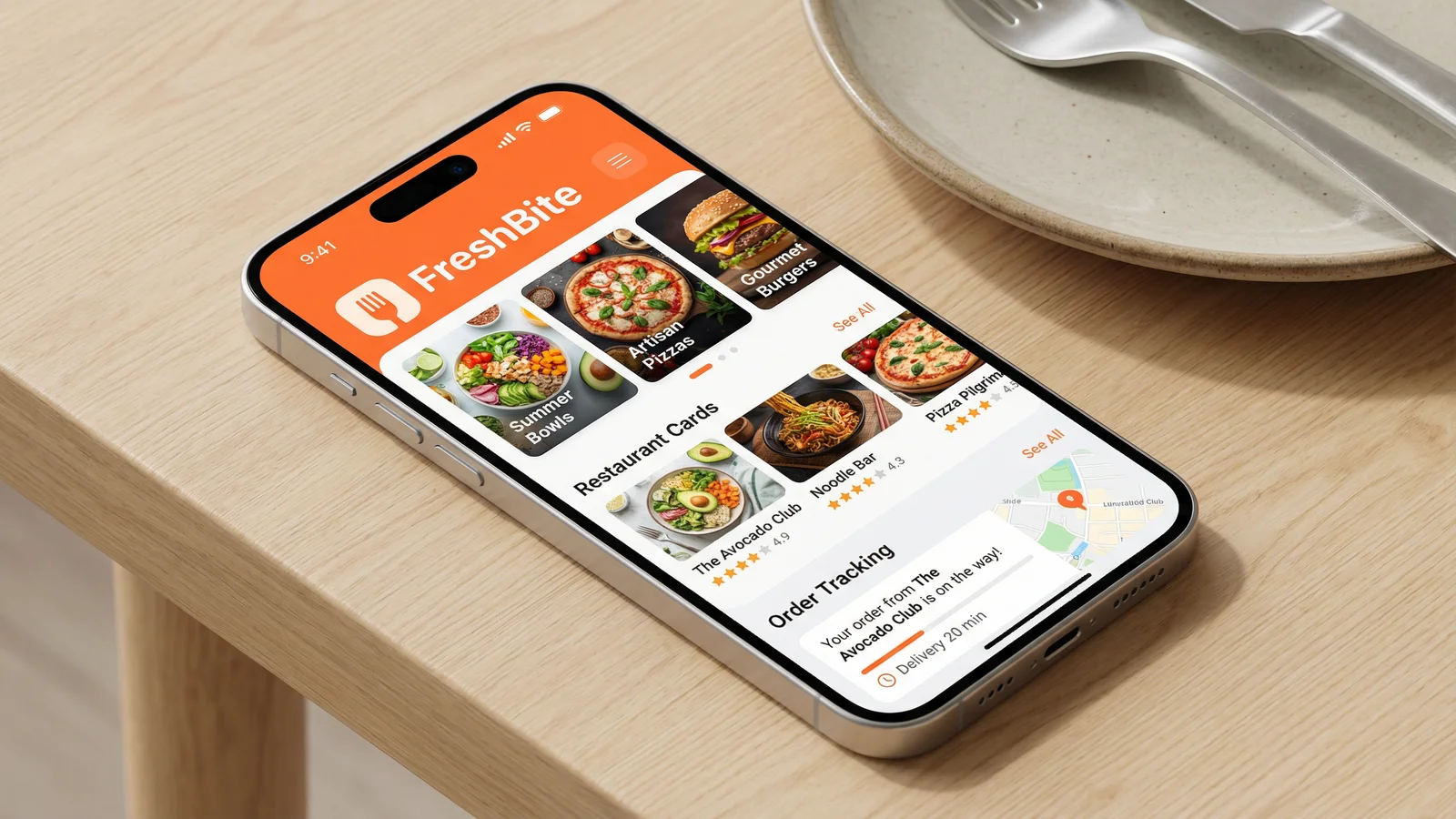FreshBite – Food Delivery App with Restaurant Cards and Order Tracking